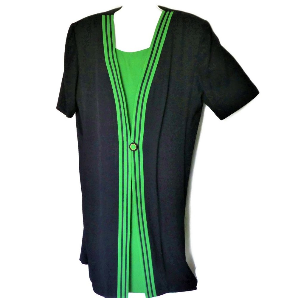 70s Perceptions By Irene B Vintage Career Dress Sheath Navy Green Short Sleeve L
